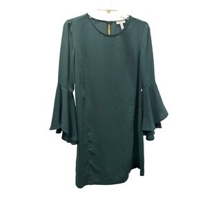 LEITH Bell Sleeve Shift Dress Dark Green Round Neck Long Sleeve Women Size S
